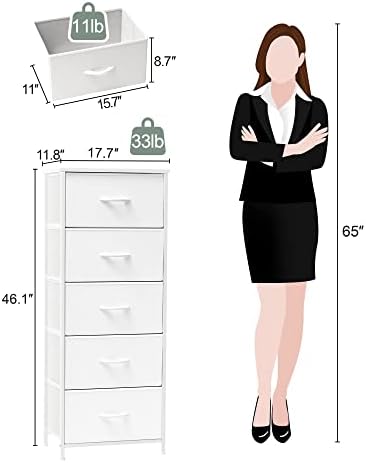 Tall Dresser Vertical Fabric Storage Tower Organizer, 5 Drawers (White) - Image 4