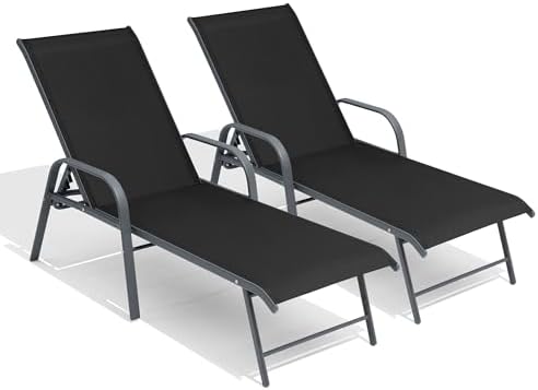 Crestlive Products Lounge Chair Outdoor with Armrests, Pool Lounge Chairs Set of 2, Aluminum Adjustable 5 Positions Tanning Chairs for Outside, Patio, Poolside, Yard, Deck, Backyard (Black) - Image 2