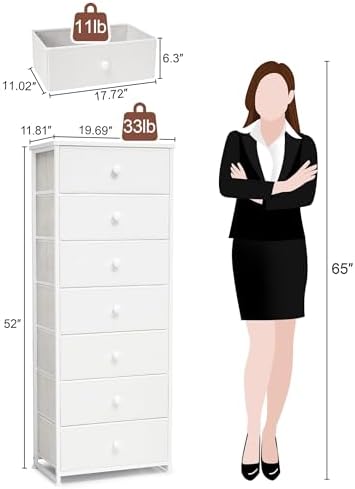 Fabric Dresser for Bedroom, 7-Drawer Tall Vertical Storage Tower (White) - Image 4