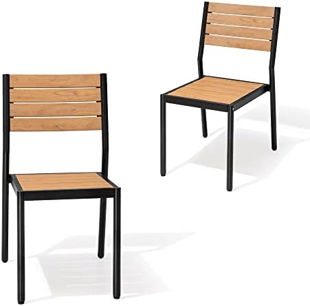 Crestlive Products Stackable Aluminum Outdoor Dining Chair, Patio Chair with Wood Grain WPC Seat & Back, Modern All-Weather Armless Chairs for Patio, Backyard, Poolside, Brown - Image 2