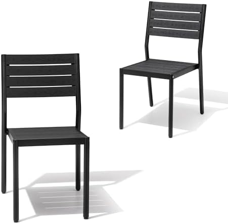 Crestlive Products Stackable Outdoor Dining Chairs Set of 2, All Weather Armless Patio Chairs with Aluminum Frame Woodgrain Seat and Back for Lawn Garden Backyard Deck Porch Yard, Black - Image 2
