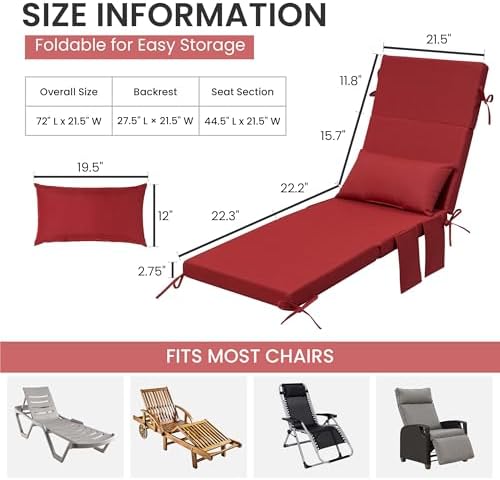 Crestlive Foldable Outdoor Lounge Chair Cushions w/Pillow&Pocket, 72"x21" - Image 3