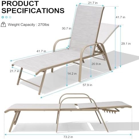 Crestlive Products Chaise Lounge Chair Outdoor with Armrests, Pool Lounge Chairs Set of 2, Aluminum Adjustable 5 Positions Sun Tanning Lounger for Patio, Poolside, Yard, Deck, Backyard (Mix Color) - Image 3