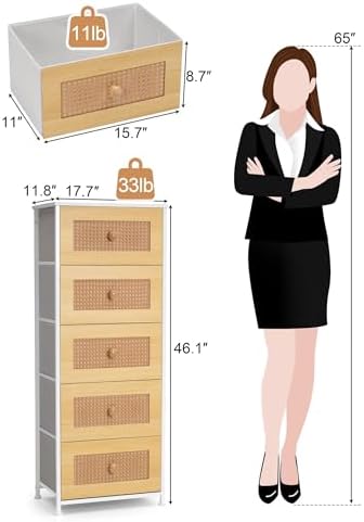 Crestlive Products Rattan Dresser, Tall Fabric Storage Tower, Chests of Drawers with Handles - Organizer Unit for Bedroom, Hallway, Entryway, Closets - 5 Drawers (Natural Drawers, White Top & Frame) - Image 3