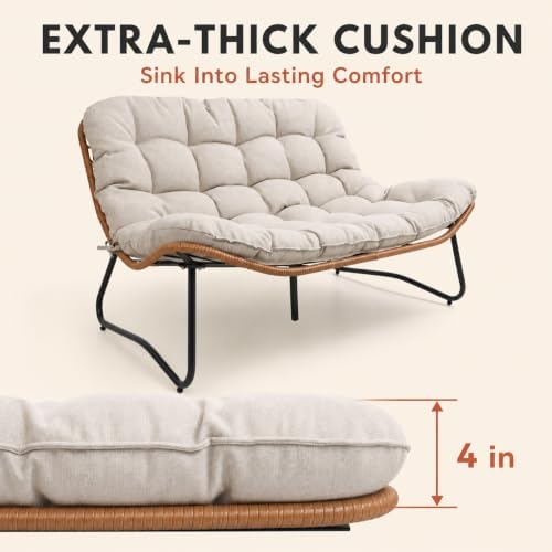 Outdoor Loveseat with Soft Cushion,Boho Rattan Patio 2-Seat Sofa (Beige) - Image 6