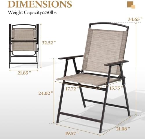Crestlive Products Set of 4 Patio Folding Chairs 4-Pack Dining Chairs Outdoor Portable Sling with Armrest for Camping, Beach, Garden, Pool, Backyard, Deck (Beige) - Image 3