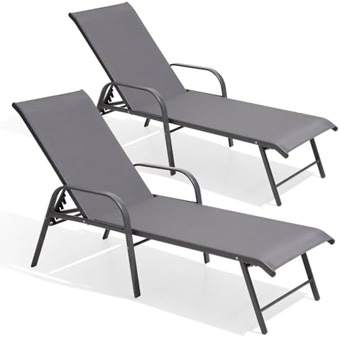 Crestlive Products Chaise Lounge Chair Outdoor with Armrests, Pool Lounge Chairs Set of 2, Aluminum Adjustable 5 Positions Sun Tanning Lounger for Patio, Poolside, Yard, Deck, Backyard (Grey) - Image 2