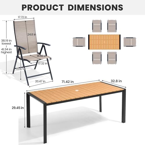 Crestlive Products 7 Pieces Patio Dining Set for 6, Outdoor Table and Folding Dining Chairs 70in Rectangle Aluminum Table with Umbrella Hole Foldable Adjustable High Back Patio Chairs, Brown - Image 3