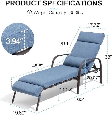 Lounge Chair Outdoor with Cushion & Pillow, Pool Chaise Chairs (Dark Blue) - Image 3