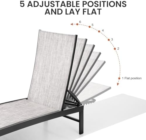 Crestlive Products Outdoor Pool Lounge Chairs Set of 3, Adjustable Five-Position Recliner for Beach, Pool, Patio, Lawn, Yard (Black Grey) - Image 4