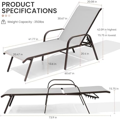 Crestlive Products Outdoor Chaise Lounge Chair,5-Position Pool Lounge Chairs with Armrests Sunbathing Recliner for Patio, Beach, Deck, Yard (2PC Gray) - Image 3
