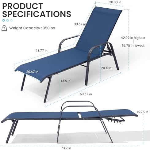 Crestlive Products Outdoor Chaise Lounge Chair, 5-Position Pool Lounge Chairs with Armrests Sunbathing Recliner for Patio, Beach, Deck, Yard (4PC Navy) - Image 3