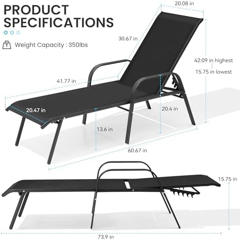 Crestlive Products Outdoor Chaise Lounge Chair, 5-Position Pool Lounge Chairs with Armrests Sunbathing Recliner for Patio, Beach, Deck, Yard (4PC Black) - Image 3