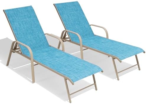 Crestlive Products Chaise Lounge Chair Outdoor with Armrests, Pool Lounge Chairs Set of 2, Aluminum Adjustable 5 Positions Sun Tanning Lounger for Patio, Poolside, Yard, Deck, Backyard (Blue) - Image 2