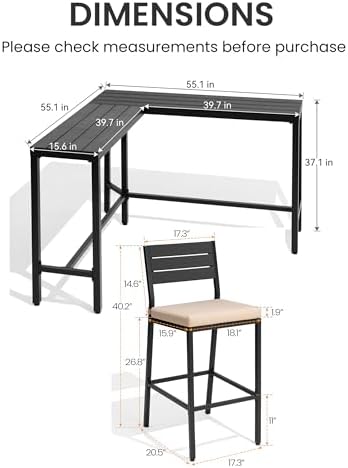 Outdoor Bar Table and Chairs Set of 5, Corner Pub Set with 4 Stools - Image 3