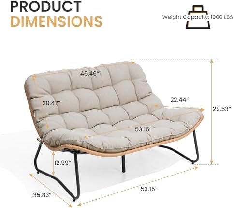 Outdoor Loveseat, Boho Rattan Patio Couch with Soft Cushion (Beige) - Image 3