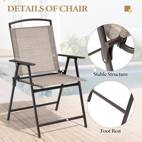 Crestlive Products Set of 4 Patio Folding Chairs 4-Pack Dining Chairs Outdoor Portable Sling with Armrest for Camping, Beach, Garden, Pool, Backyard, Deck (Beige) - Image 4