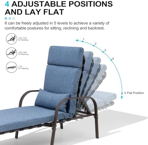 Lounge Chair Outdoor with Cushion & Pillow, Pool Chaise Chairs (Dark Blue) - Image 4