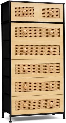 Crestlive Products Rattan Dresser Tall Storage Tower, Chests of Drawers, Easy Pull Fabric Bins, Wood Handles - Organizer Unit for Bedroom, Entryway, Closets - 7 Natural Drawers, Black Top & Frame - Image 2