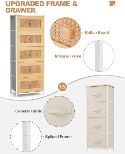 Crestlive Products Rattan Dresser, Tall Fabric Storage Tower, Chests of Drawers with Handles - Organizer Unit for Bedroom, Hallway, Entryway, Closets - 5 Drawers (Natural Drawers, White Top & Frame) - Image 6
