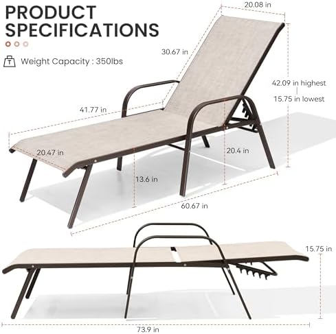 Crestlive Outdoor Chaise Lounge Chair,5-Position Pool Lounge Chairs with Armrests Sunbathing Recliner for Patio,Beach,Deck,Yard (2PC Beige) - Image 3