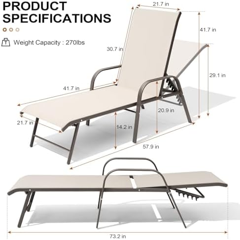 Crestlive Products Chaise Lounge Chair Outdoor with Armrests, Pool Lounge Chairs Set of 2, Aluminum Adjustable 5 Positions Sun Tanning Lounger for Patio, Poolside, Yard, Deck, Backyard (Champagne) - Image 4