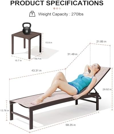 Crestlive Products 4PCS Chaise Lounge Chairs Outdoor with 2PCS Side Tables, Aluminum Patio Lounge Set, Adjustable Five-Position Recliner for Beach, Pool, Sunbathing, Lawn, Yard - Image 4