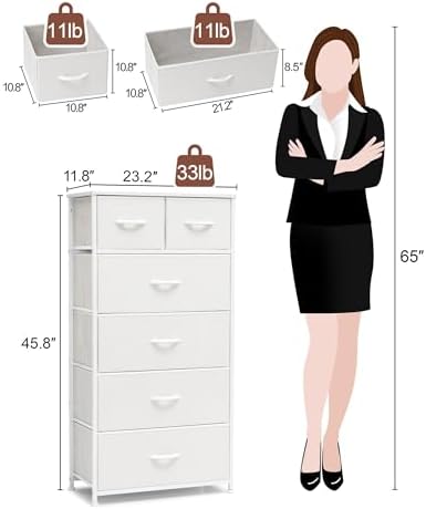 Tall Dresser for Bedroom, 6 Drawers Vertical Fabric Dresser (White) - Image 4