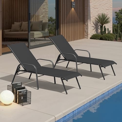 Crestlive Products Outdoor Chaise Lounge Chair,5-Position Pool Lounge Chairs with Armrests Sunbathing Recliner for Patio, Beach, Deck, Yard (2PC Black) - Image 2
