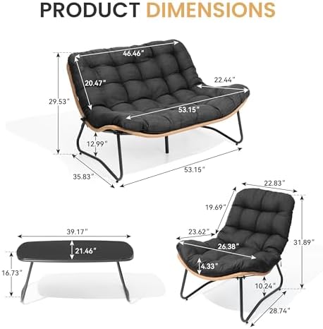 Crestlive Products Patio Furniture Set with Coffee Table, Outdoor Rattan Sofa Set, All-Weather Loveseat with Thick Cushions for Porch, Backyard, Lawn, Garden, Poolside (Black - Image 3