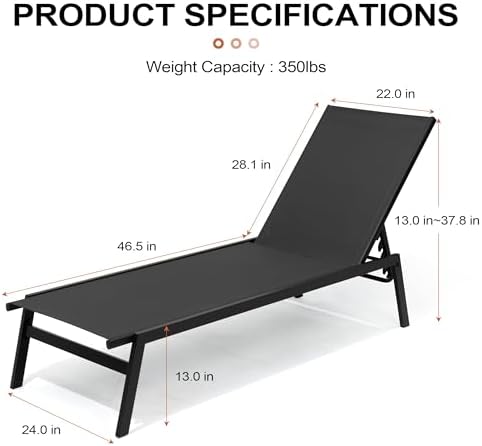 Pool Lounge Chair Set of 3, Outdoor Lounge Chairs (Black) - Image 3