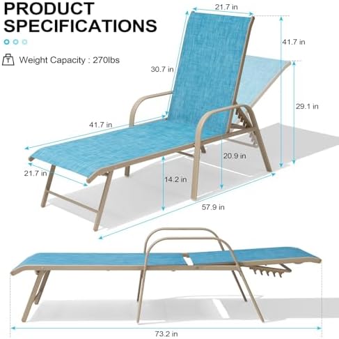 Crestlive Products Chaise Lounge Chair Outdoor with Armrests, Pool Lounge Chairs Set of 2, Aluminum Adjustable 5 Positions Sun Tanning Lounger for Patio, Poolside, Yard, Deck, Backyard (Blue) - Image 4