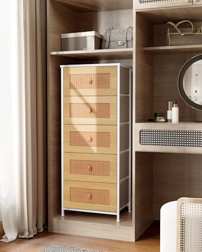 Crestlive Products Rattan Dresser, Tall Fabric Storage Tower, Chests of Drawers with Handles - Organizer Unit for Bedroom, Hallway, Entryway, Closets - 5 Drawers (Natural Drawers, White Top & Frame) - Image 4