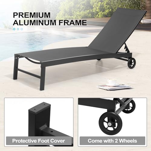Pool Lounge Chairs with Wheels, Chaise Lounge Outdoor Set of 2 (Black) - Image 5