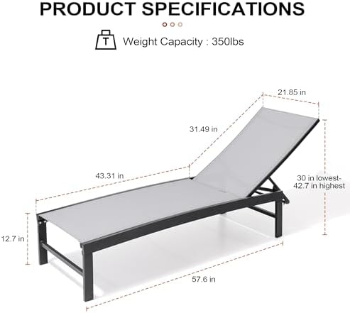 Crestlive Products Chaise Lounge Chair Outdoor, Adjustable 5 Positions Pool Tanning Recliner, Outdoor Lounge Furniture Perfect for Patio, Beach, Yard, Pool - Image 3