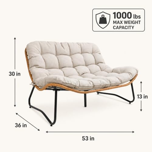 Outdoor Loveseat with Soft Cushion,Boho Rattan Patio 2-Seat Sofa (Beige) - Image 3