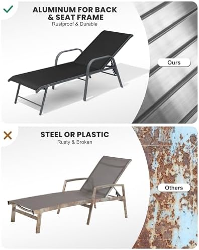 Crestlive Products Lounge Chair Outdoor with Armrests, Pool Lounge Chairs Set of 2, Aluminum Adjustable 5 Positions Tanning Chairs for Outside, Patio, Poolside, Yard, Deck, Backyard (Black) - Image 4