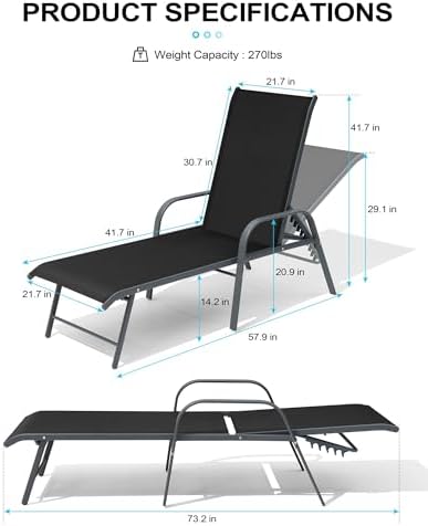 Crestlive Products Lounge Chair Outdoor with Armrests, Pool Lounge Chairs Set of 2, Aluminum Adjustable 5 Positions Tanning Chairs for Outside, Patio, Poolside, Yard, Deck, Backyard (Black) - Image 3