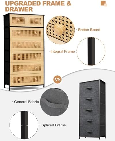 Crestlive Products Rattan Dresser Tall Storage Tower, Chests of Drawers, Easy Pull Fabric Bins, Wood Handles - Organizer Unit for Bedroom, Entryway, Closets - 7 Natural Drawers, Black Top & Frame - Image 6