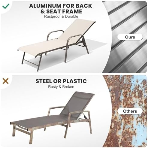 Crestlive Products Chaise Lounge Chair Outdoor with Armrests, Pool Lounge Chairs Set of 2, Aluminum Adjustable 5 Positions Sun Tanning Lounger for Patio, Poolside, Yard, Deck, Backyard (Champagne) - Image 5