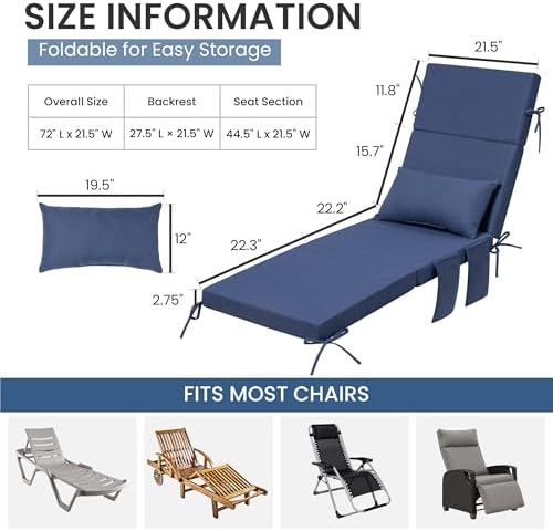 Crestlive Foldable Outdoor Lounge Chair Cushions w/Pillow&Pocket, 72"x21" - Image 3