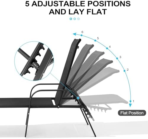 Crestlive Products Outdoor Chaise Lounge Chair, 5-Position Pool Lounge Chairs with Armrests Sunbathing Recliner for Patio, Beach, Deck, Yard (4PC Black) - Image 4