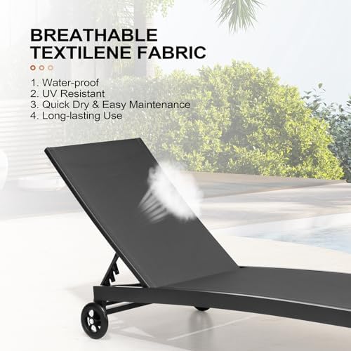 Pool Lounge Chairs with Wheels, Chaise Lounge Outdoor Set of 2 (Black) - Image 7