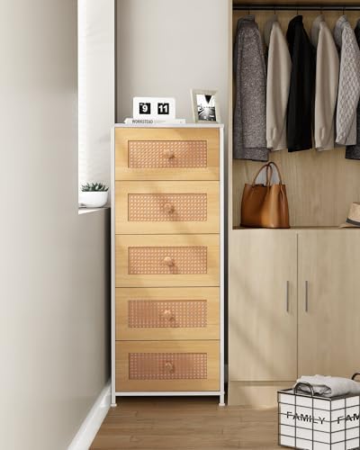 Crestlive Products Rattan Dresser, Tall Fabric Storage Tower, Chests of Drawers with Handles - Organizer Unit for Bedroom, Hallway, Entryway, Closets - 5 Drawers (Natural Drawers, White Top & Frame) - Image 7