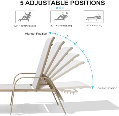 Crestlive Products Chaise Lounge Chair Outdoor with Armrests, Pool Lounge Chairs Set of 2, Aluminum Adjustable 5 Positions Sun Tanning Lounger for Patio, Poolside, Yard, Deck, Backyard (Mix Color) - Image 5