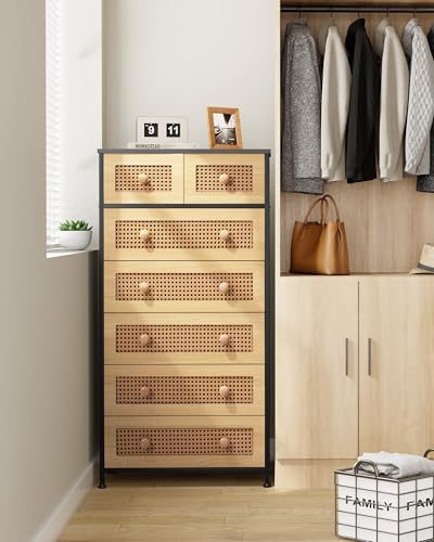 Crestlive Products Rattan Dresser Tall Storage Tower, Chests of Drawers, Easy Pull Fabric Bins, Wood Handles - Organizer Unit for Bedroom, Entryway, Closets - 7 Natural Drawers, Black Top & Frame - Image 3