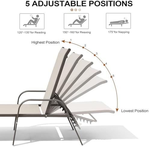 Crestlive Products Chaise Lounge Chair Outdoor with Armrests, Pool Lounge Chairs Set of 2, Aluminum Adjustable 5 Positions Sun Tanning Lounger for Patio, Poolside, Yard, Deck, Backyard (Champagne) - Image 6