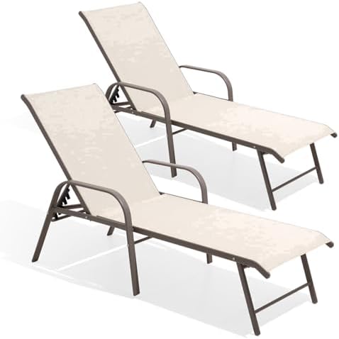 Crestlive Products Chaise Lounge Chair Outdoor with Armrests, Pool Lounge Chairs Set of 2, Aluminum Adjustable 5 Positions Sun Tanning Lounger for Patio, Poolside, Yard, Deck, Backyard (Champagne) - Image 2