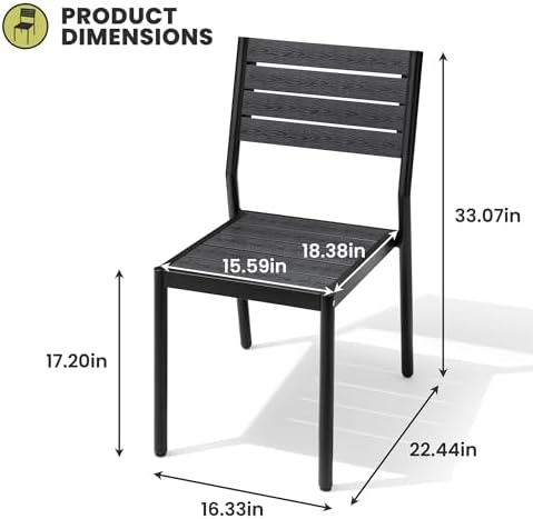 Crestlive Products Stackable Outdoor Dining Chairs Set of 2, All Weather Armless Patio Chairs with Aluminum Frame Woodgrain Seat and Back for Lawn Garden Backyard Deck Porch Yard, Black - Image 3