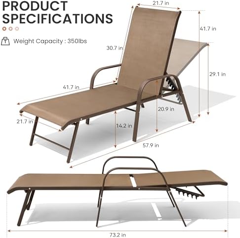Crestlive Products Chaise Lounge Chair Outdoor with Armrests, Pool Lounge Chairs Set of 2, Aluminum Adjustable 5 Positions Sun Tanning Lounger for Patio, Poolside, Yard, Deck, Backyard (Brown) - Image 3